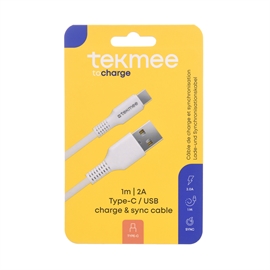 Tekmeek Hvid USB-C kabel 1m flad