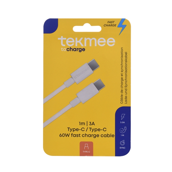 Tekmee 1 meter ladekabel, Type-C til Type-C, Hvid  