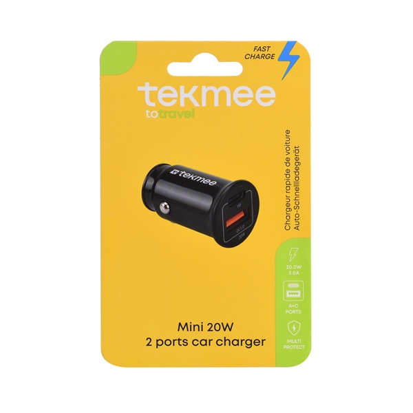 Tekmee 12V USB oplader med 2 udtag til USB A og C, 3A  