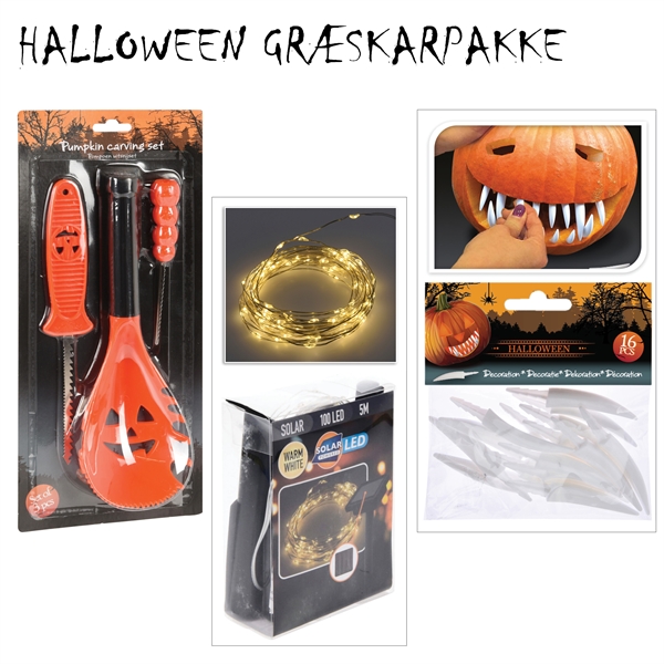 Halloween Græskarpakke - Udskæringssæt, LED wire og Halloween tænder